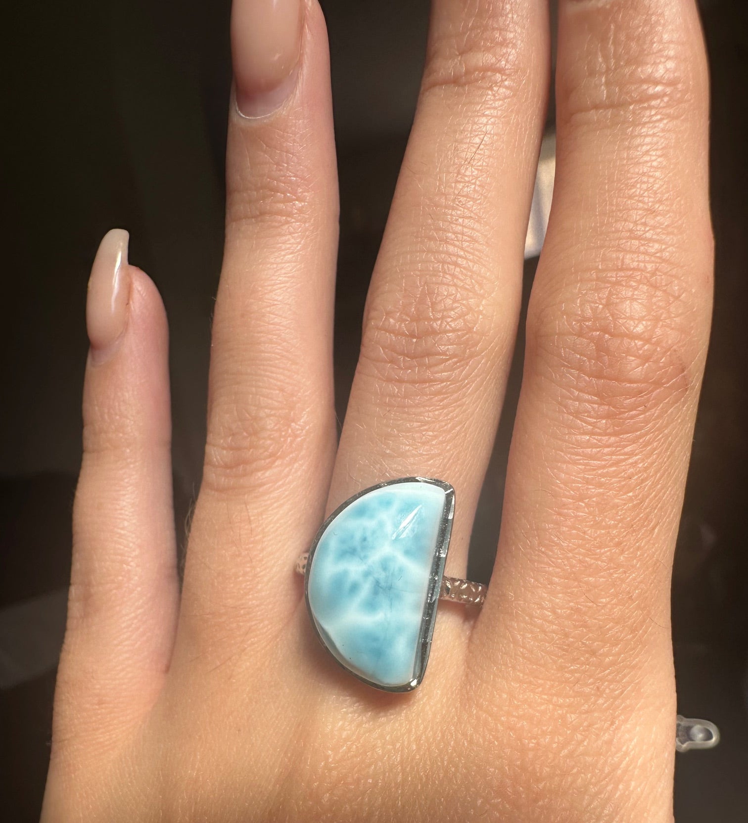 Larimar Sterling Silver Moon Ring - Adjustable