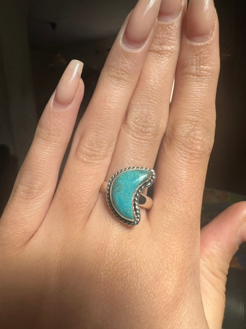 Turquoise Sterling Silver Moon Ring - Size 7/N