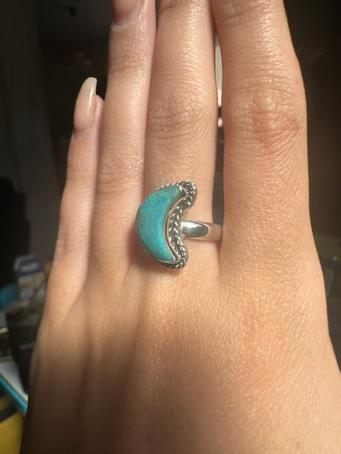 Turquoise Sterling Silver Moon Ring - Size 7/N