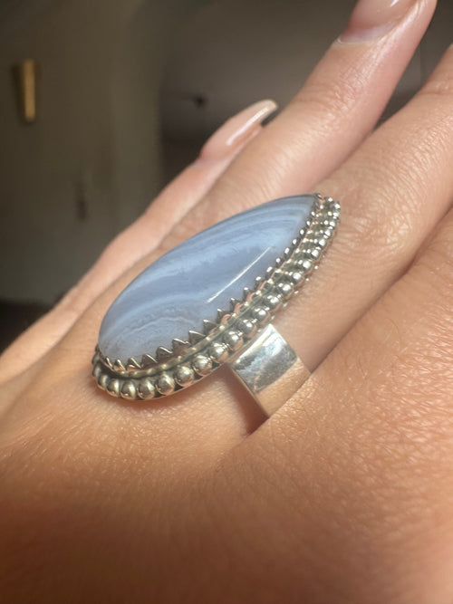 Blue Lace Agate Sterling Silver Ring - Adjustable