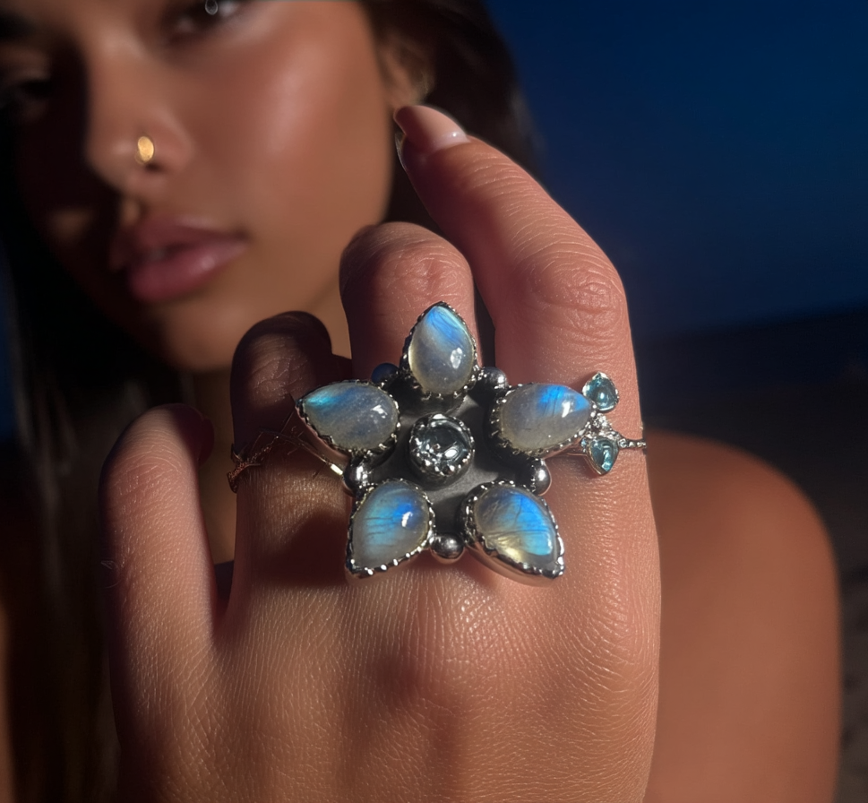 Blue Fire Moonstone and Blue Topaz Ring - Adjustable